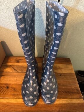 Denim Look Polka Dot Knee High Rain Boots Clear Lug Sole